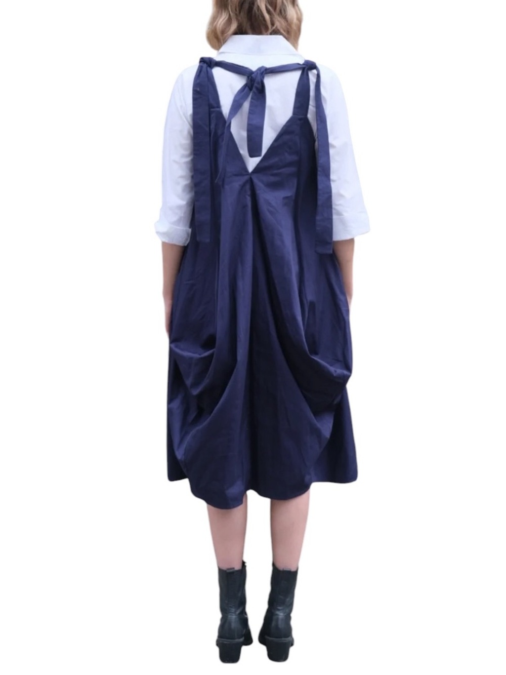 Johann Brun 🇬🇧 black thick cotton balloon hem sleeveless tie shoulder dress - Picture 2 of 15